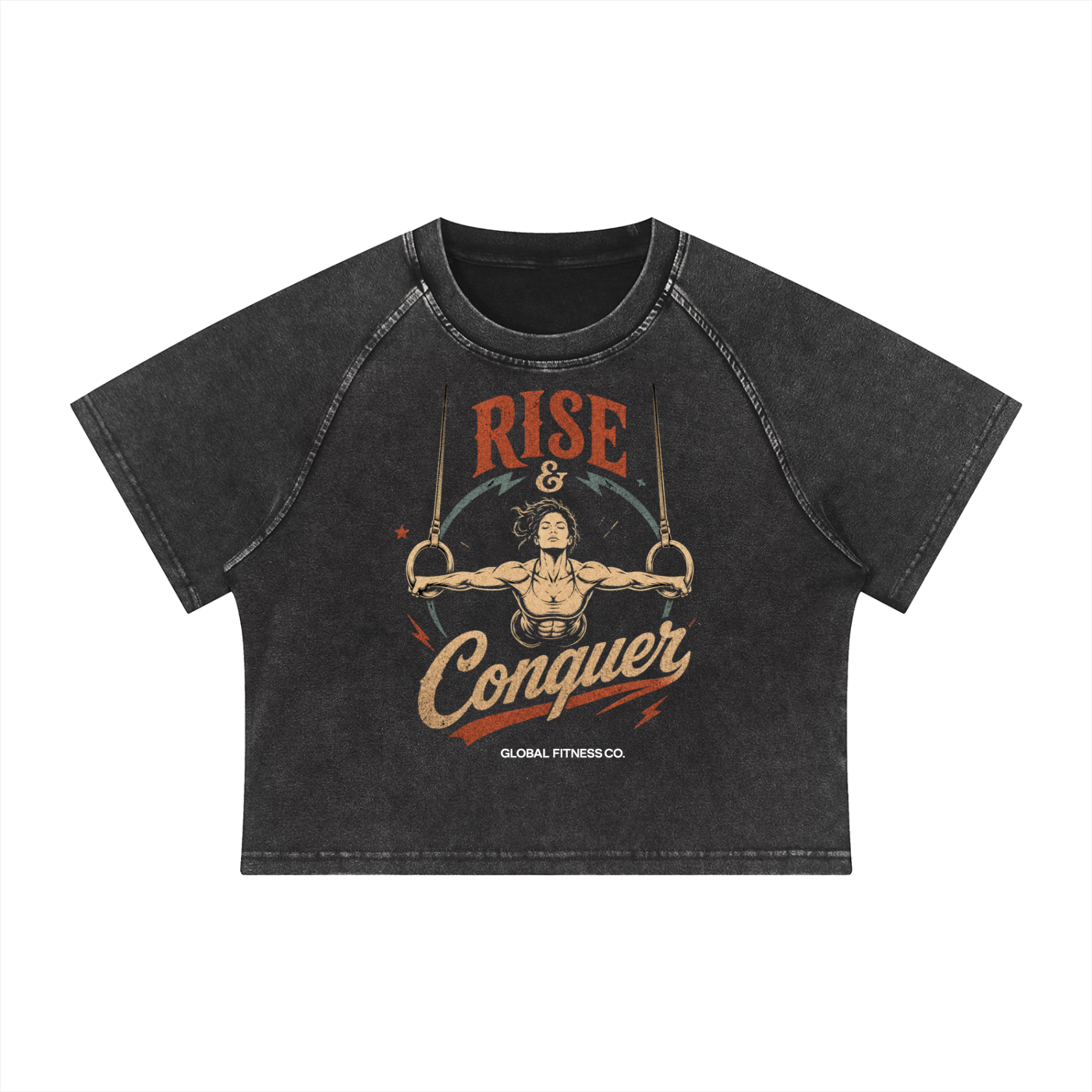 Rise and Conquer Mineral Wash Crop Tee | Women's Gymnastics Rings Shirt | Global Fitness Co.