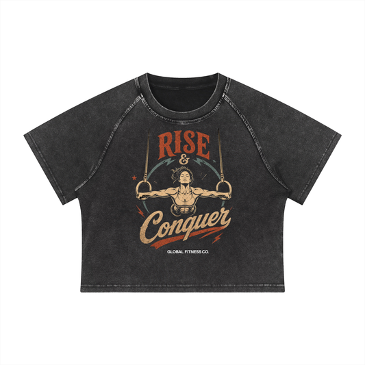 Rise and Conquer Mineral Wash Crop Tee | Women's Gymnastics Rings Shirt | Global Fitness Co.
