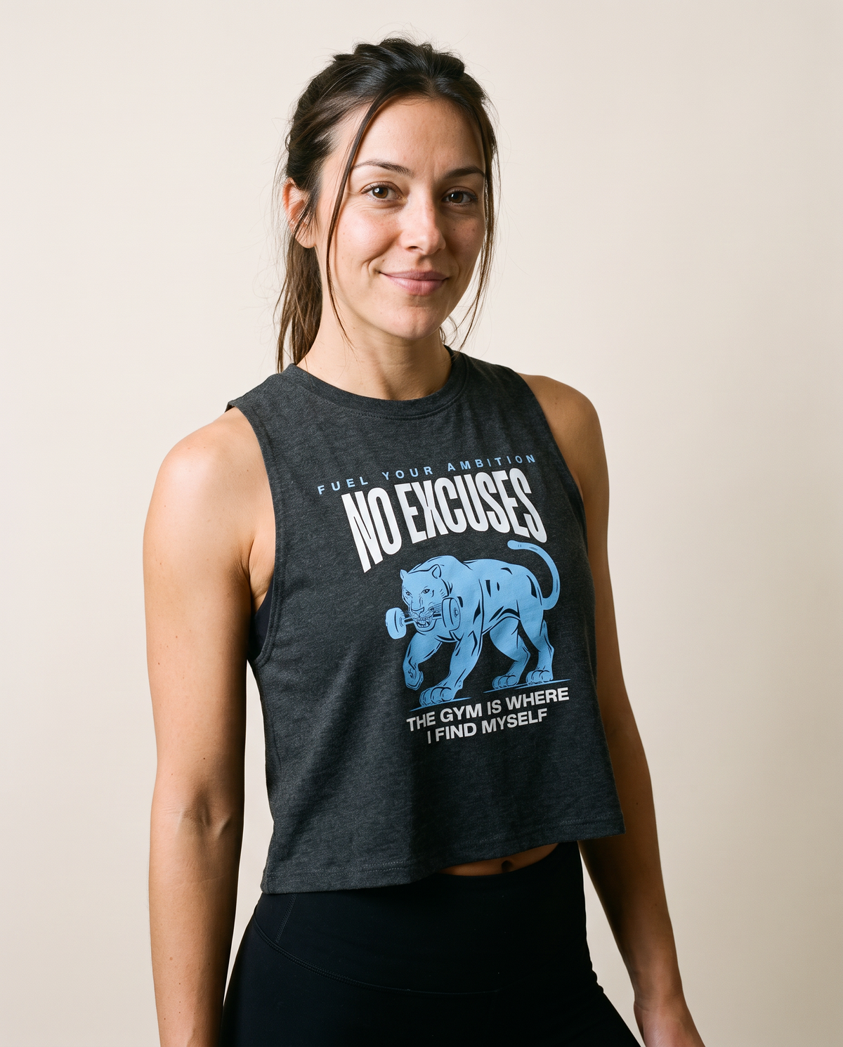 Gym Crop Top "No Excuses" — Women's Fitness Tank with Panther Graphic