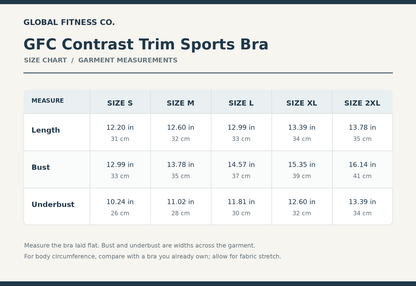 A size chart table for the GFC Contrast Trim Sports Bra by Global Fitness Co., showing measurements for sizes S through 2XL across length, bust, and underbust.