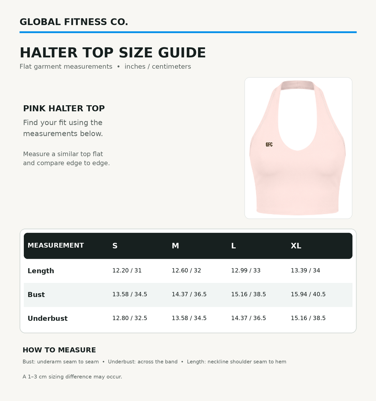 Global Fitness Co. halter top size guide infographic showing a pink halter top, a measurement table for sizes S through XL, and measurement instructions.